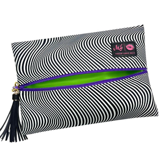 Makeup bag with black and white striped pattern, green interior, and purple zipper on a white background.