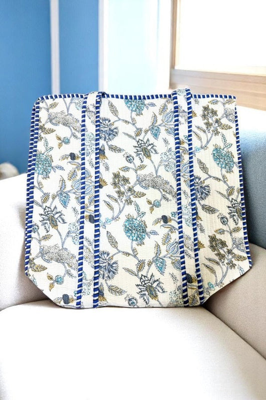 Floral-patterned blanket with blue border on a white surface