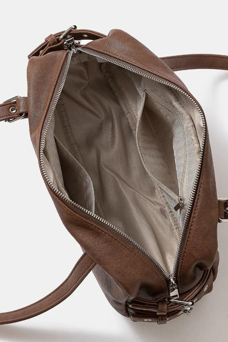 Multi Grommet Belt Strap Rustic Rectangular Hand Bag in Taupe