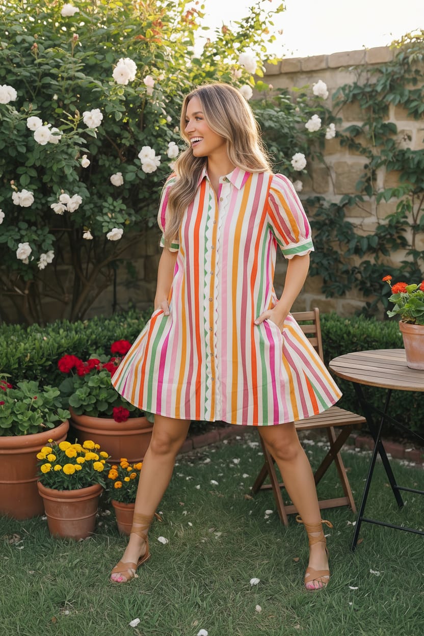 Woman in a colorful striped dress standing in a garden with flowers and a table.
