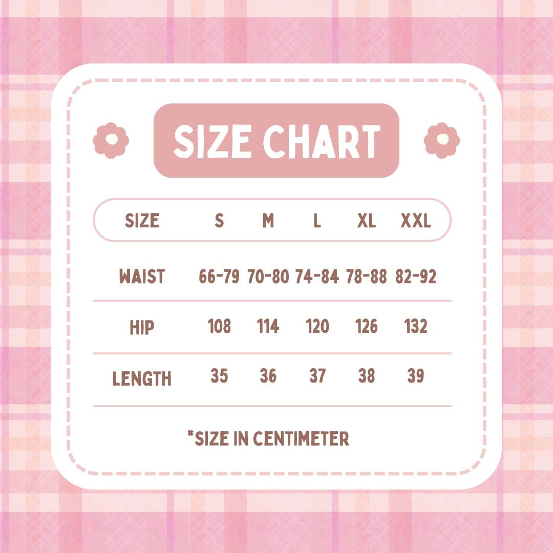 Size chart on a pink plaid background