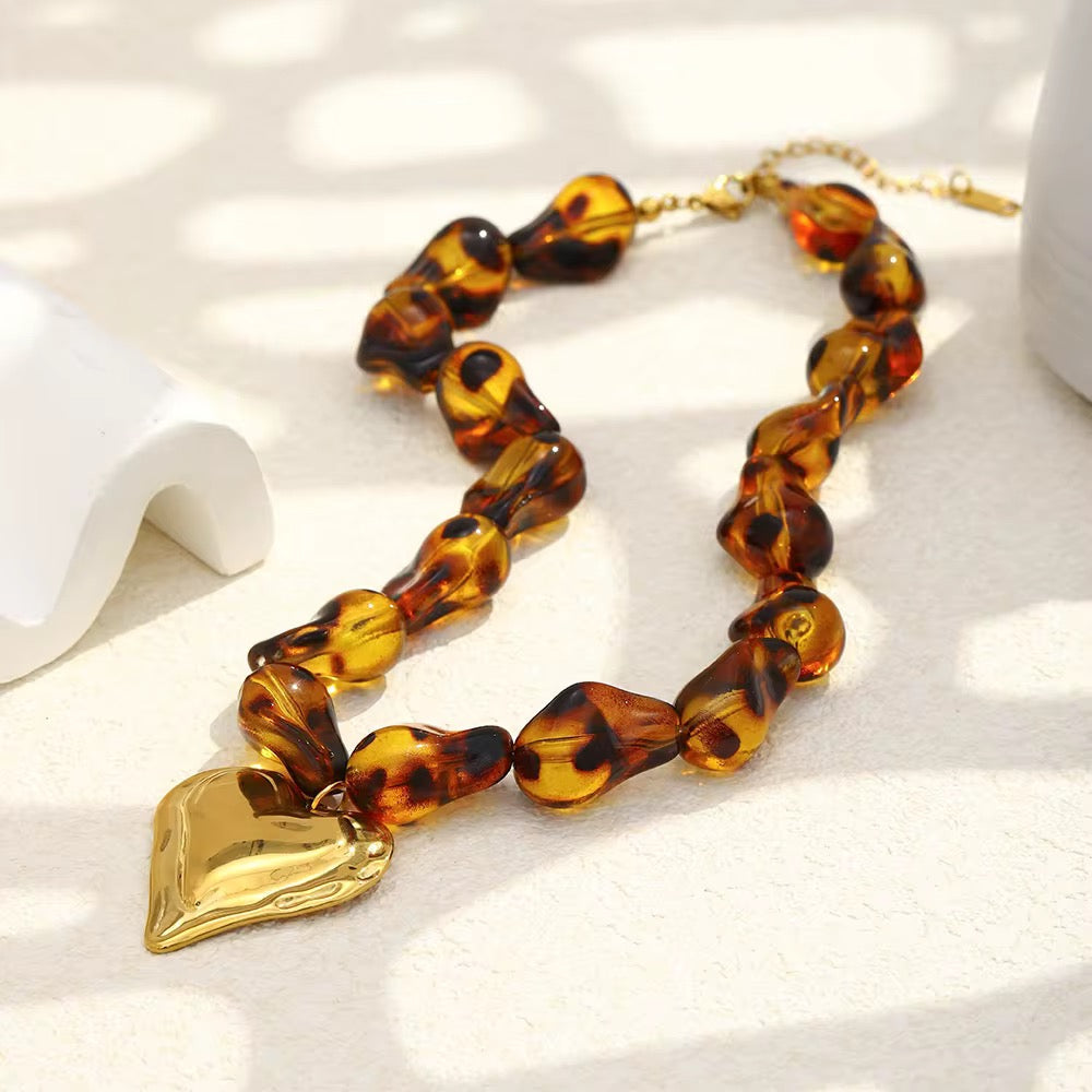 18K Gold Beaded Leopard Heart Pendant Necklace-PREORDER