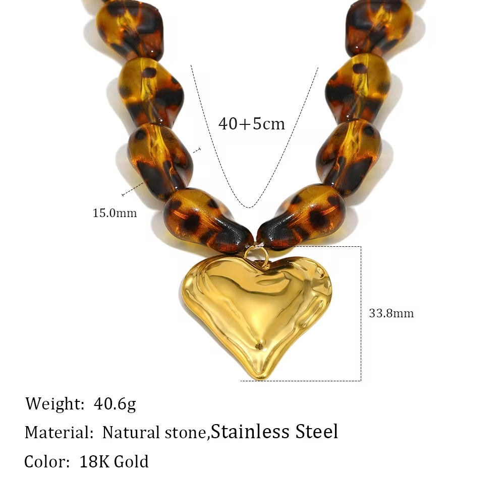 18K Gold Beaded Leopard Heart Pendant Necklace-PREORDER