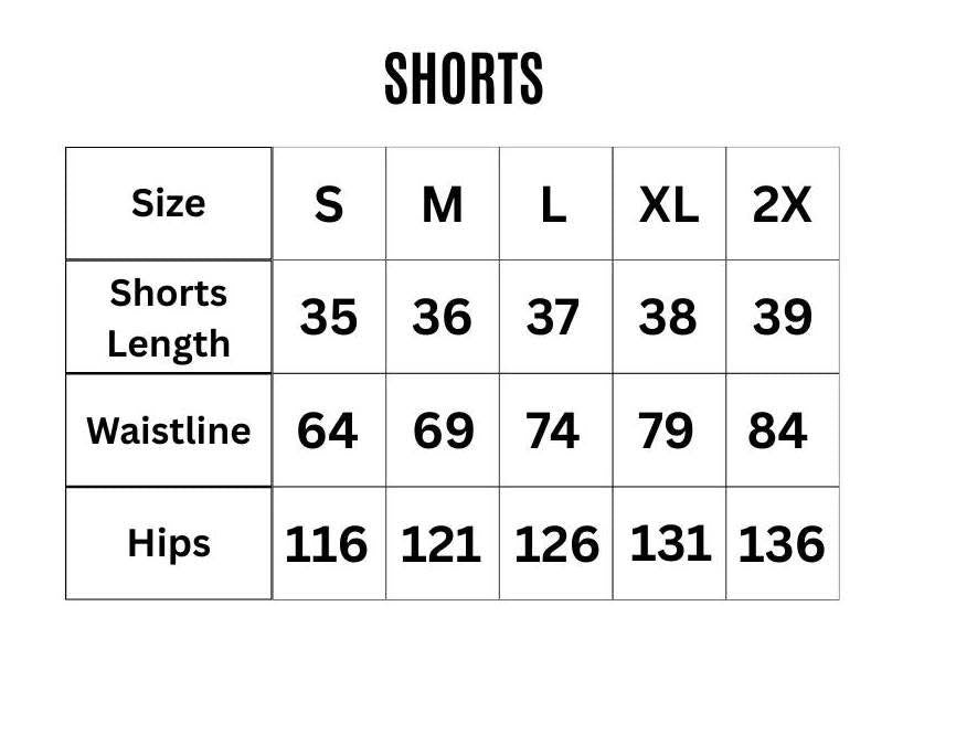 Table displaying shorts size chart with measurements for different sizes.