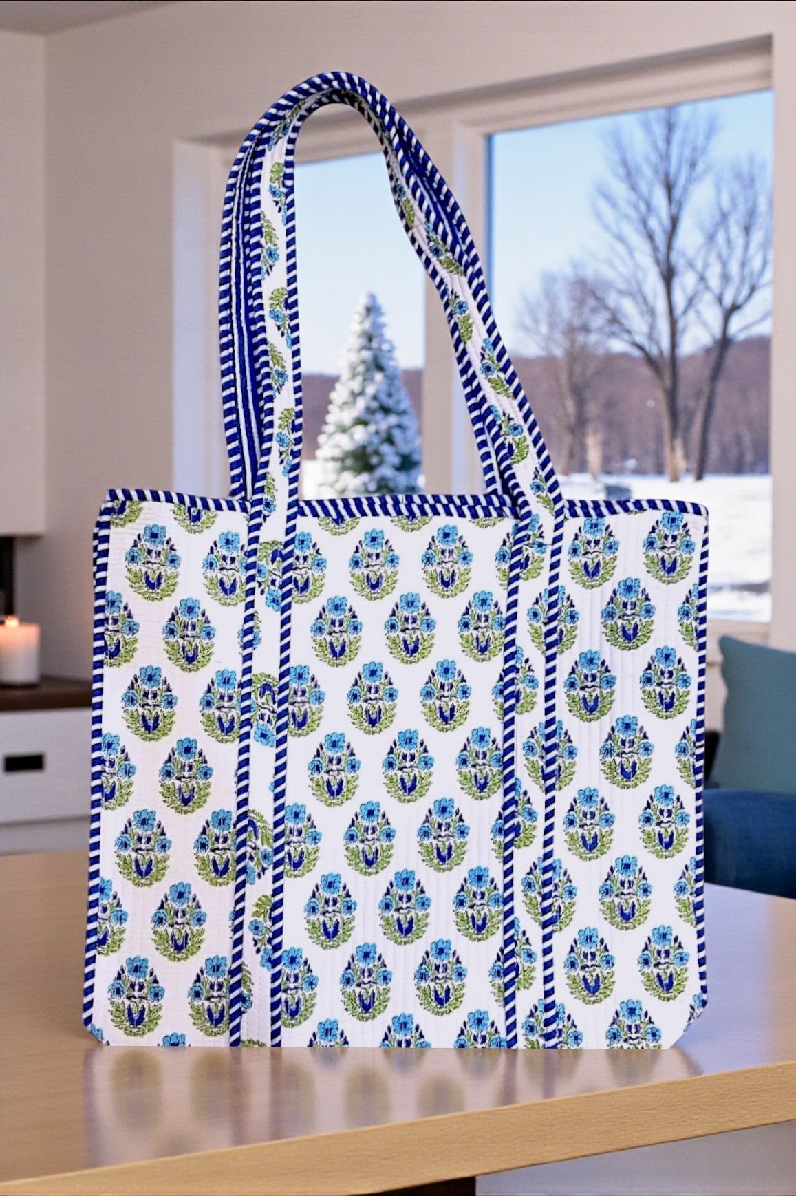 Emma Blue and White Floral Tote Bag