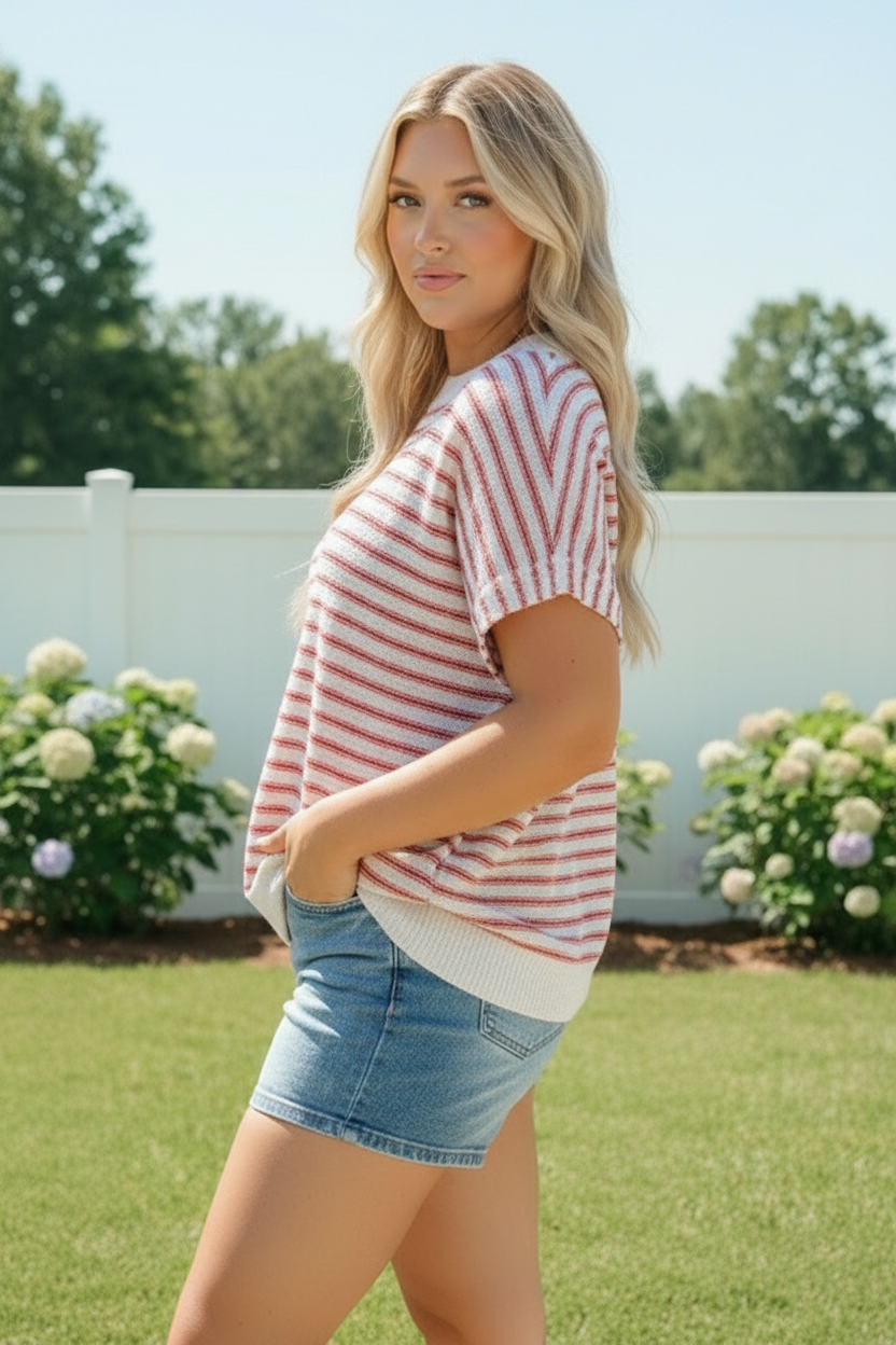 Breezy Stripe Short Sleeve Knit Top in Ivory and Red