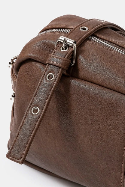 Multi Grommet Belt Strap Rustic Rectangular Hand Bag in Taupe