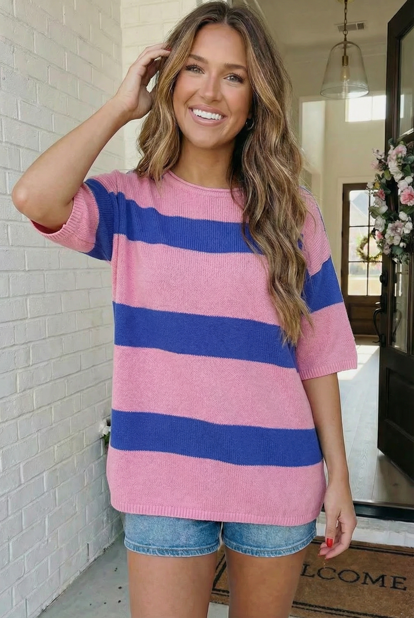 Skip the Line Pink and Blue Oversized Short Sleeve Sweater Top