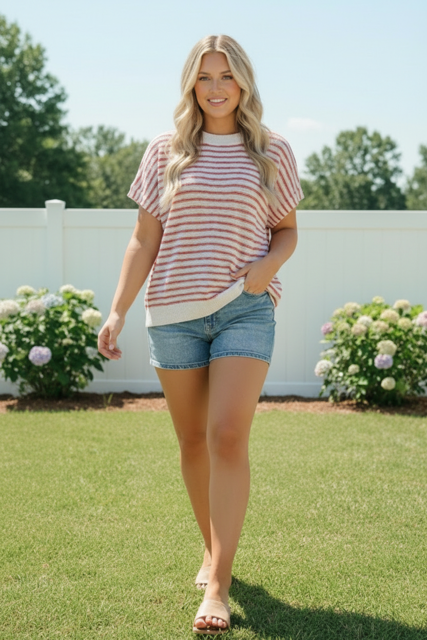 Breezy Stripe Short Sleeve Knit Top in Ivory and Red