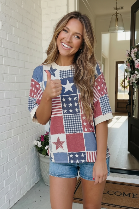 Stars and Stripes Patchwork Oversized Short Sleeve Top