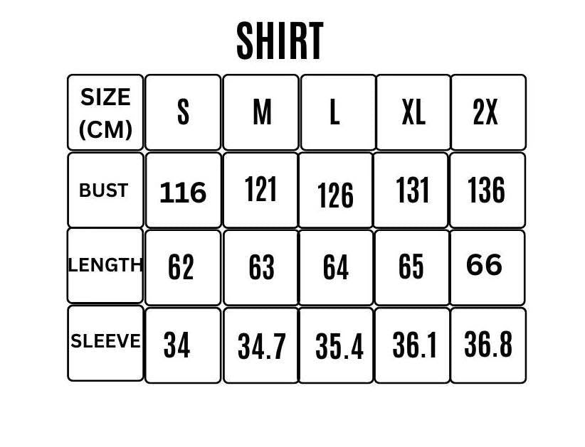 Size chart for shirts with measurements in centimeters