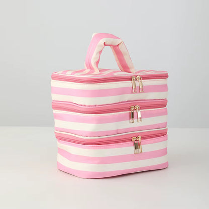 pink and cream make up bag with three zipper compartments 