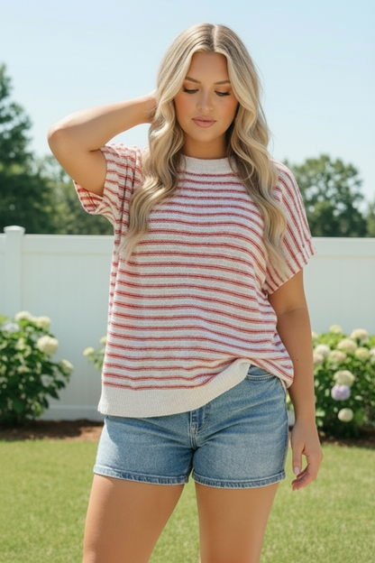 Breezy Stripe Short Sleeve Knit Top in Ivory and Red