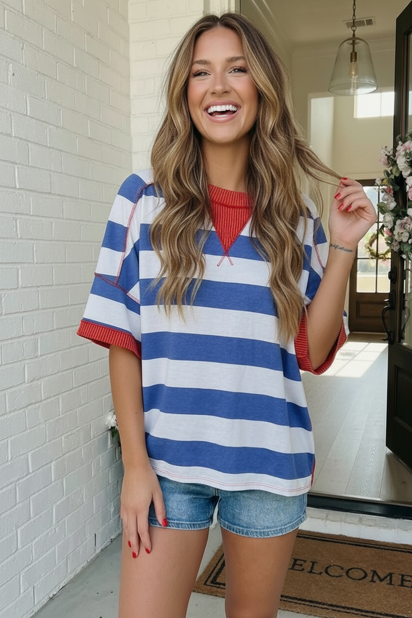 Stripe Patriotic Multi Media Mix Short Sleeve Top