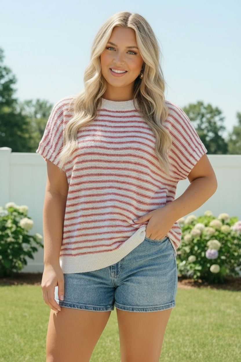 Breezy Stripe Short Sleeve Knit Top in Ivory and Red