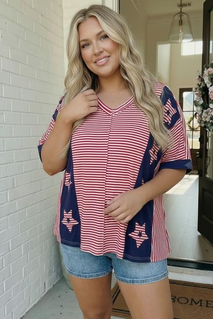 Woman wearing a red and blue striped shirt with star patterns in a casual setting.