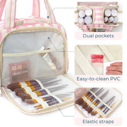 Pink and white striped makeup bag shown open with accessories inside, plus three inset detail callouts labeled Dual pockets, Easy-to-clean PVC, and Elastic straps.