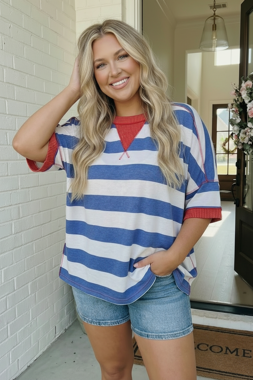 Stripe Patriotic Multi Media Mix Short Sleeve Top