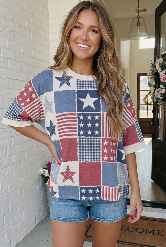 Stars and Stripes Patchwork Oversized Short Sleeve Top