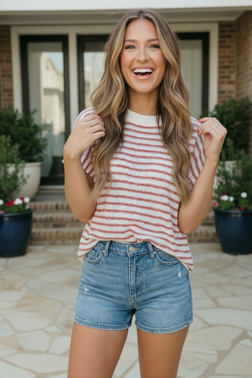 Breezy Stripe Short Sleeve Knit Top in Ivory and Red