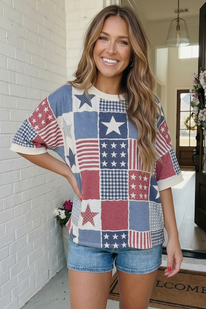 Stars and Stripes Patchwork Oversized Short Sleeve Top