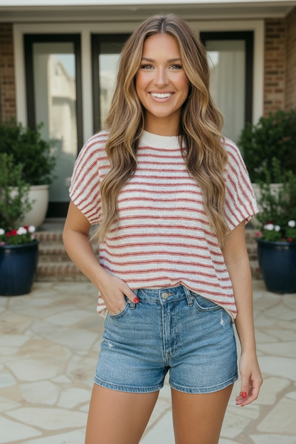 Breezy Stripe Short Sleeve Knit Top in Ivory and Red