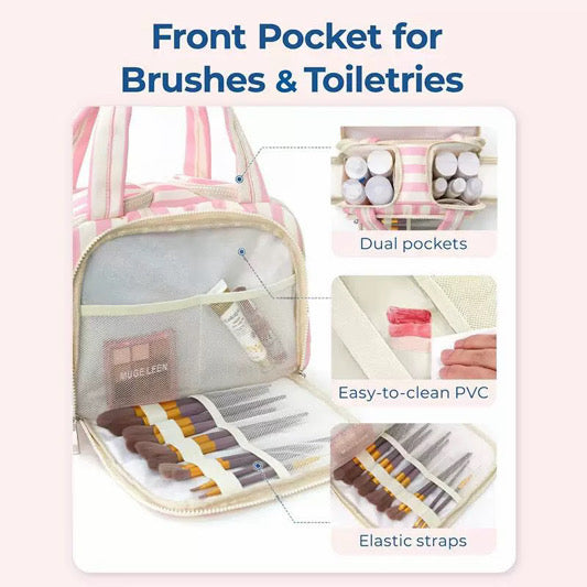 Makeup bag with brushes and toiletries, featuring text on front pocket and compartments.