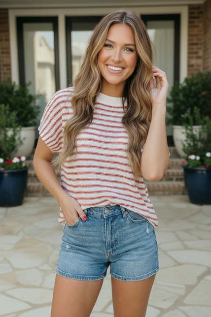 Breezy Stripe Short Sleeve Knit Top in Ivory and Red