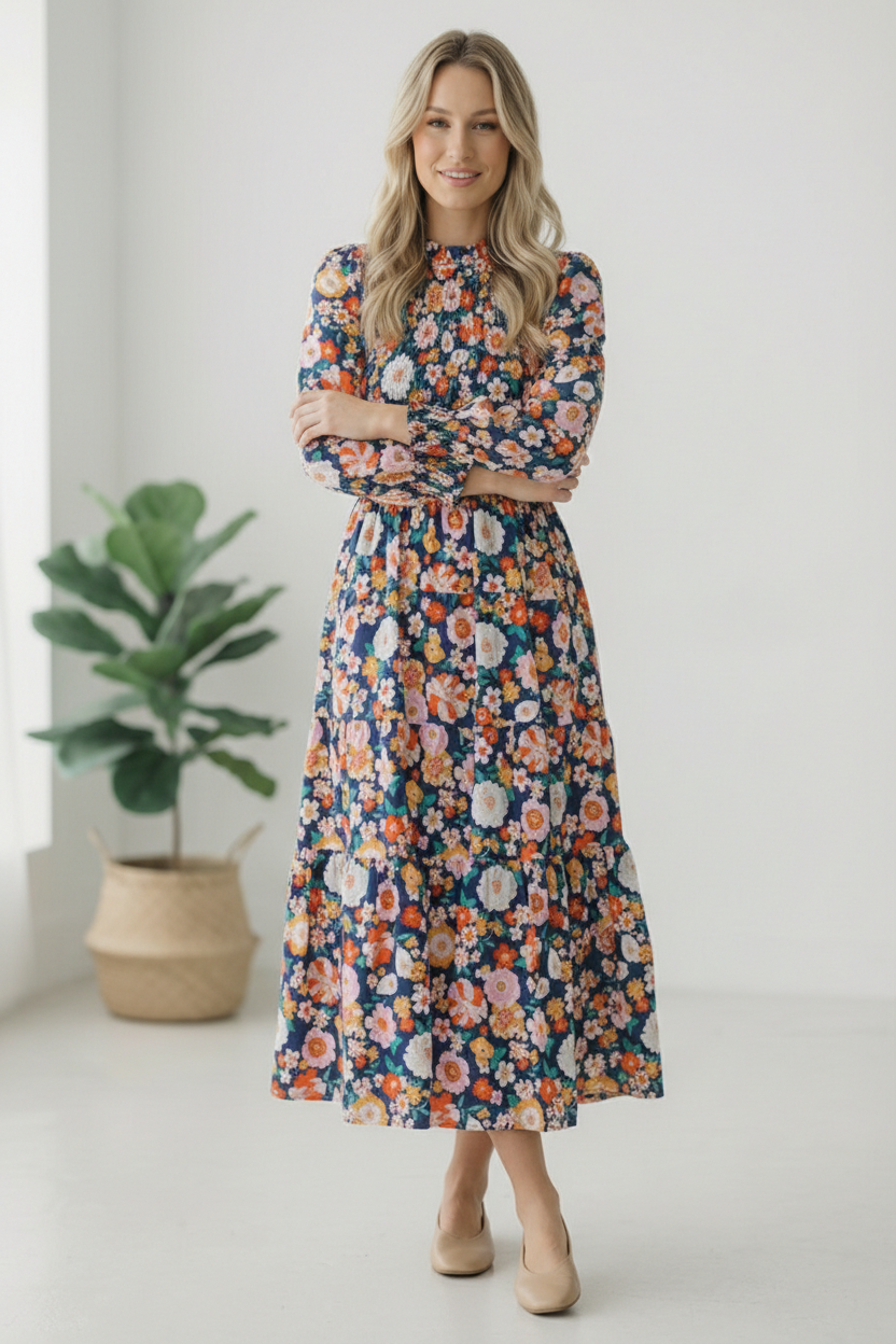 The Perfect Bouquet Tiered Long Sleeve Floral Dress