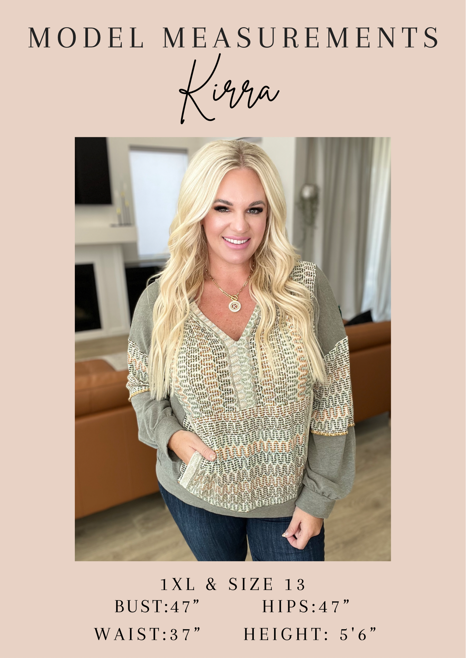 Woman wearing a patterned sweater with model measurements displayed.