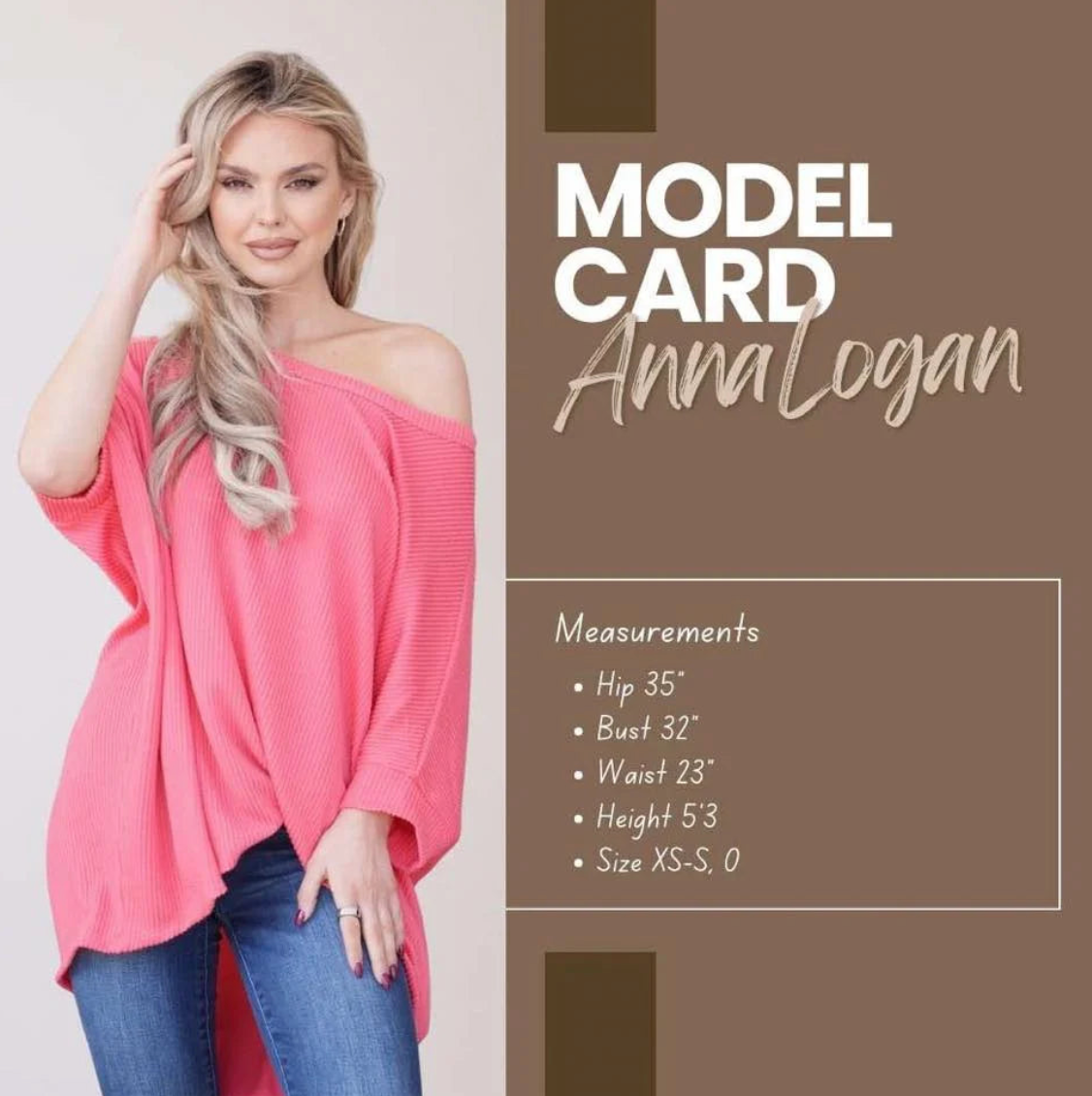 Woman wearing a pink off-shoulder top with model card details on a beige background