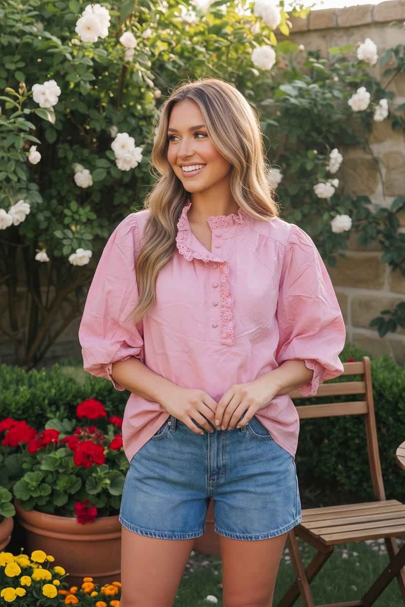 Woman wearing a pink blouse and denim shorts standing outdoors with flowers and a stone wall in the background