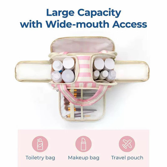 A pink and white striped travel makeup bag with a wide mouth, shown open to display its large capacity with various cosmetic containers inside. The image includes text reading 'Large Capacity with Wide-mouth Access' and icons at the bottom indicating use for toiletry, makeup, and travel.