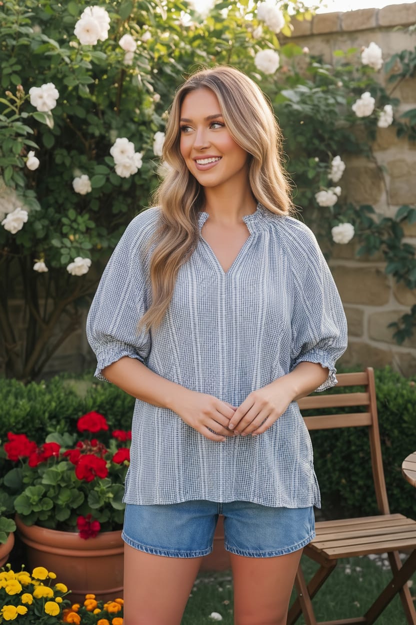 Woman wearing a blue striped shirt and denim shorts standing in a garden.