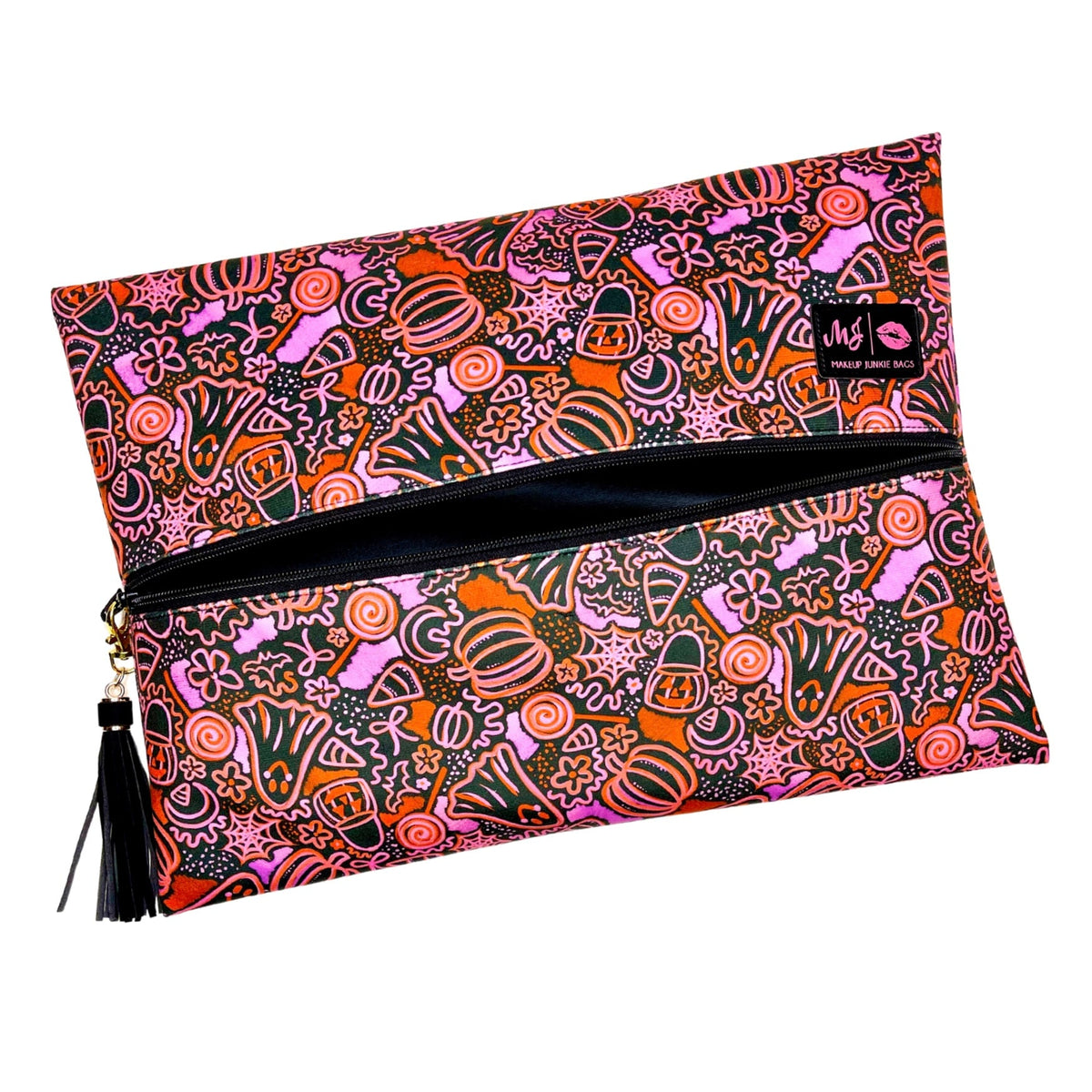 Colorful patterned pouch with a black zipper on a white background