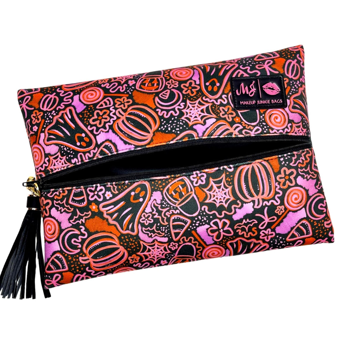 Colorful Halloween-themed pouch with a zipper and tassel on a white background
