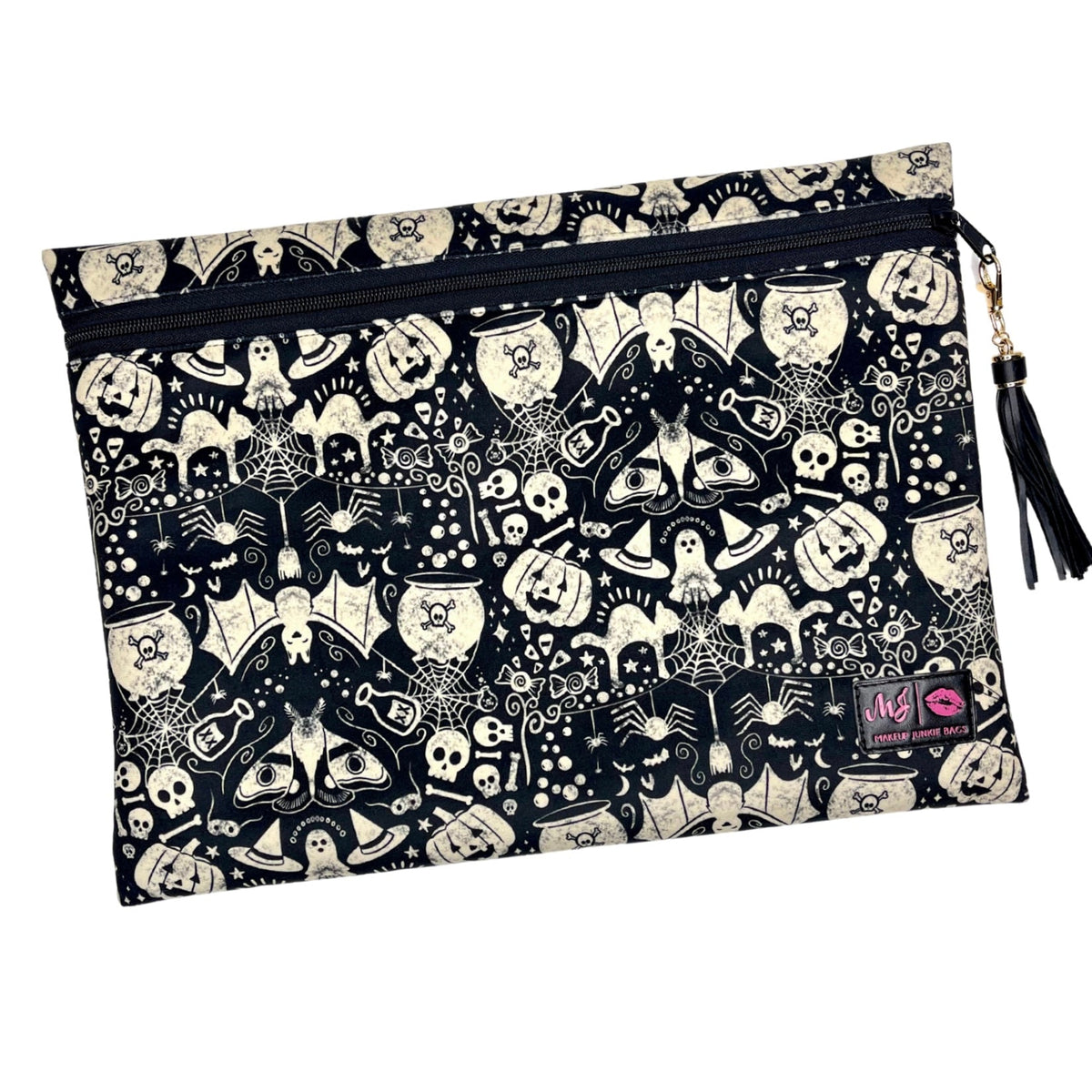Pouch with Halloween-themed design featuring ghosts, pumpkins, and bats on a black background.