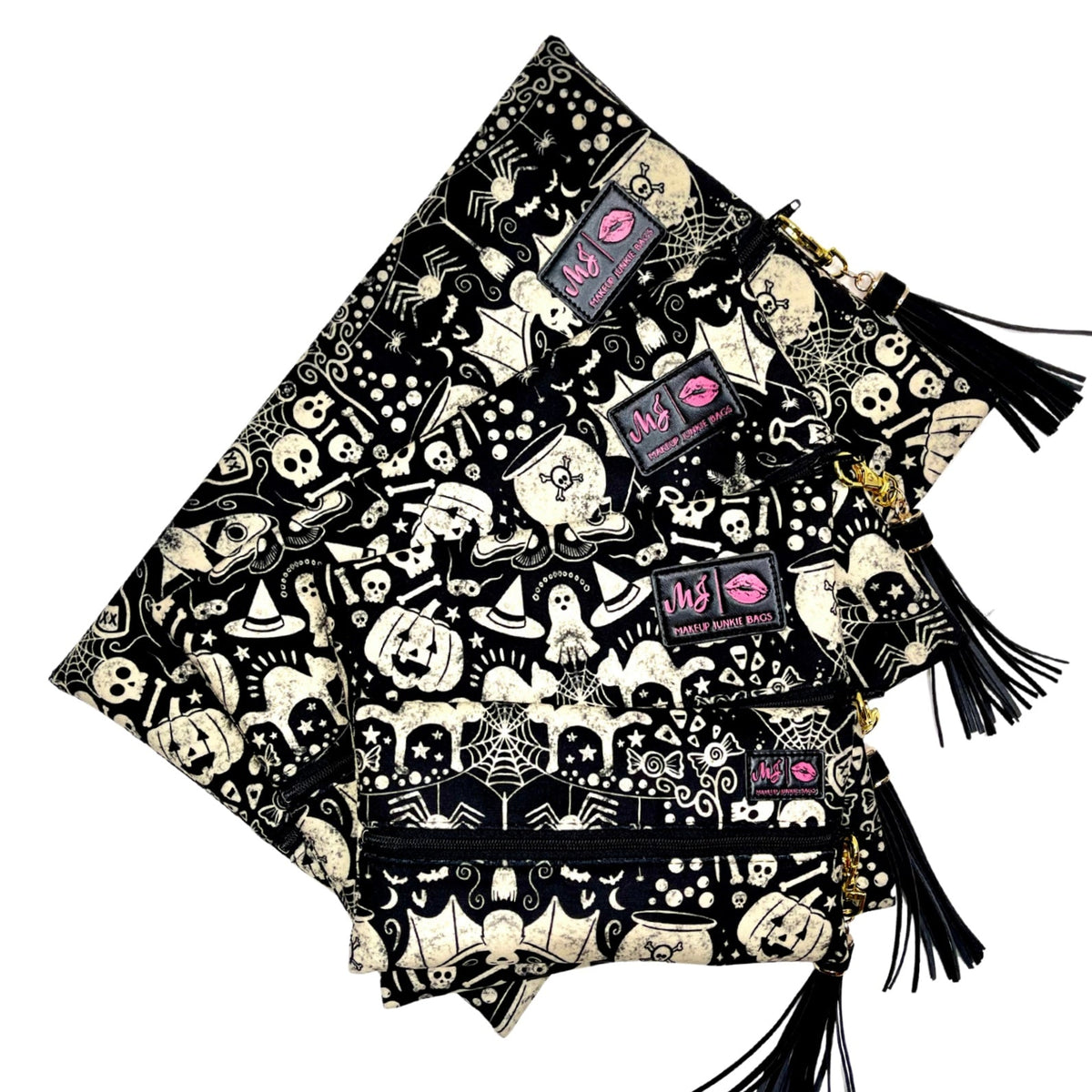 Black and white patterned bag with tassels on a white background