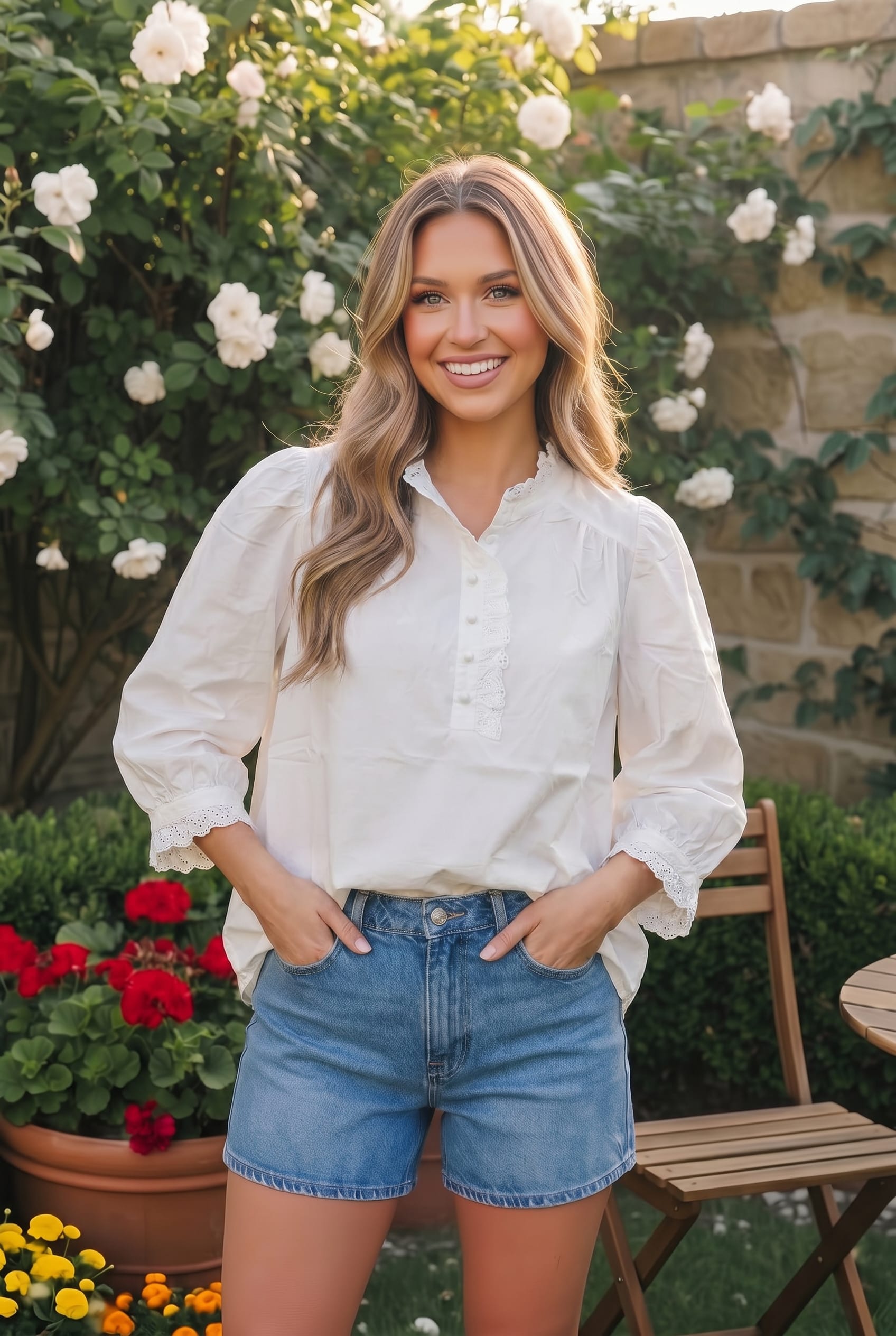Woman in a white blouse and denim shorts standing in a garden with flowers and a stone wall.