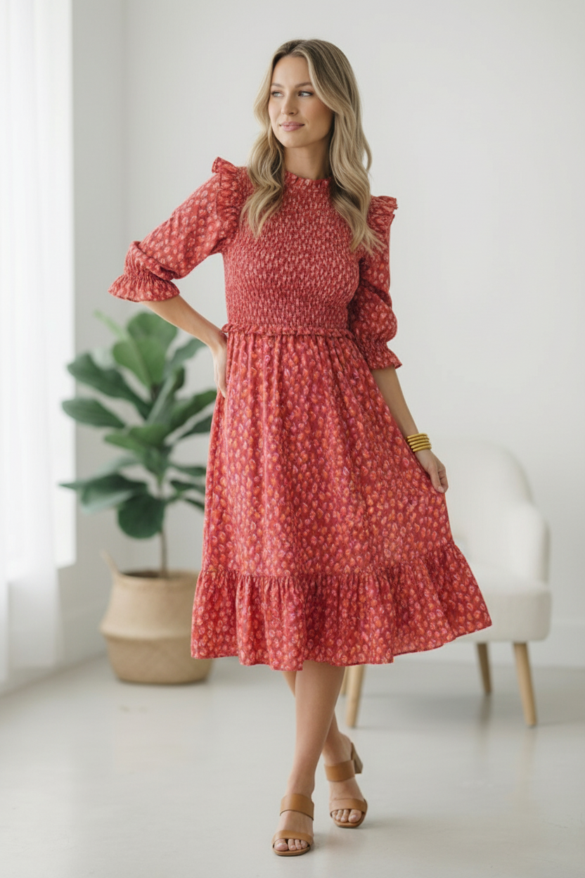Woman wearing a red patterned dress in a bright room with a plant and chair.