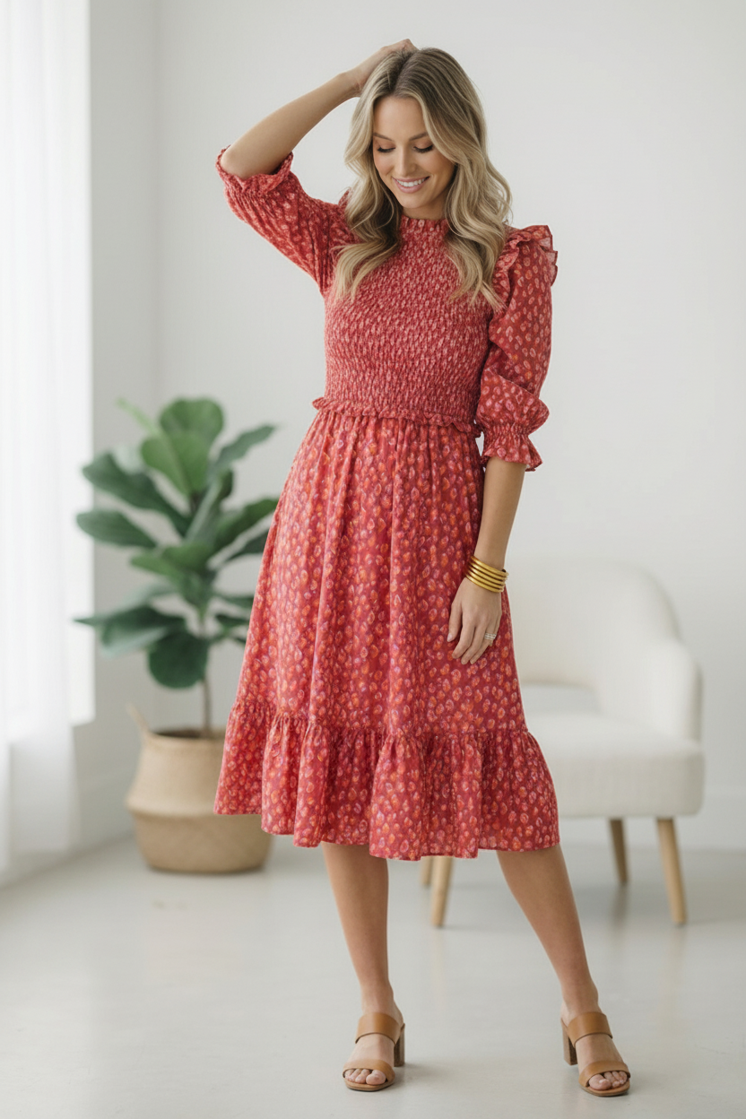 Woman wearing a red dress with a subtle pattern in a bright room.