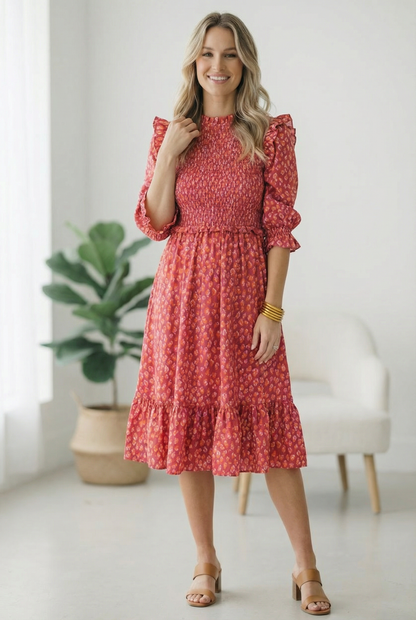 Woman wearing a red floral dress in a bright room with a plant and chair.