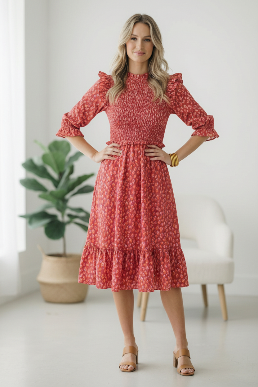 Woman wearing a red floral dress in a bright room with a plant and chair.
