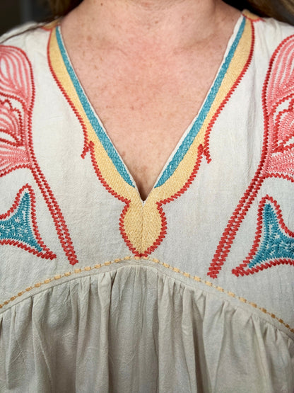 Close-up of a dress with colorful embroidery on a neutral background