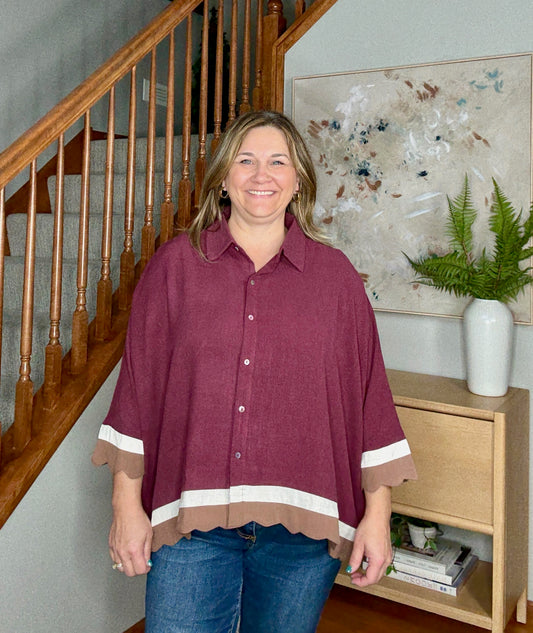 Chic Colorblock Scallop Hem Button-Down Blouse