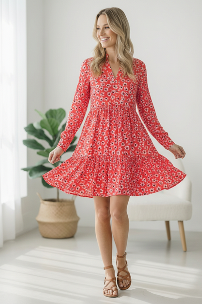 Woman wearing a red floral dress in a bright room with a plant and chair.