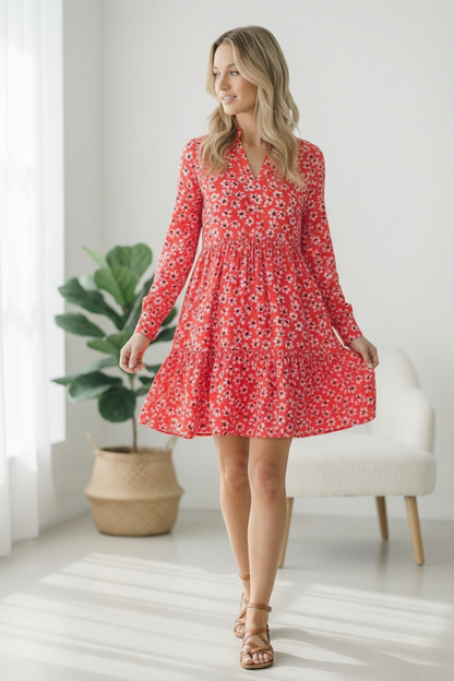 Woman wearing a red floral dress in a bright room with a plant and chair.