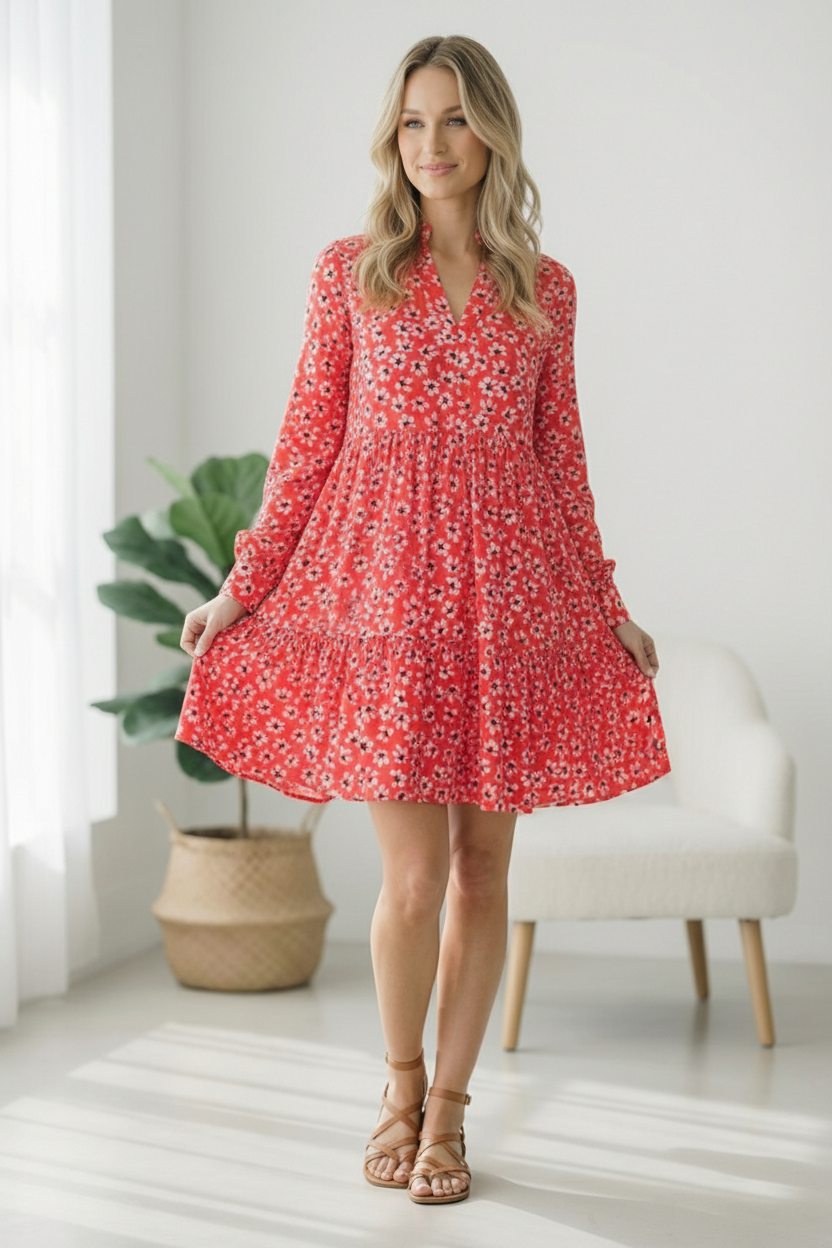 Woman wearing a red floral dress in a bright room with a plant and chair.