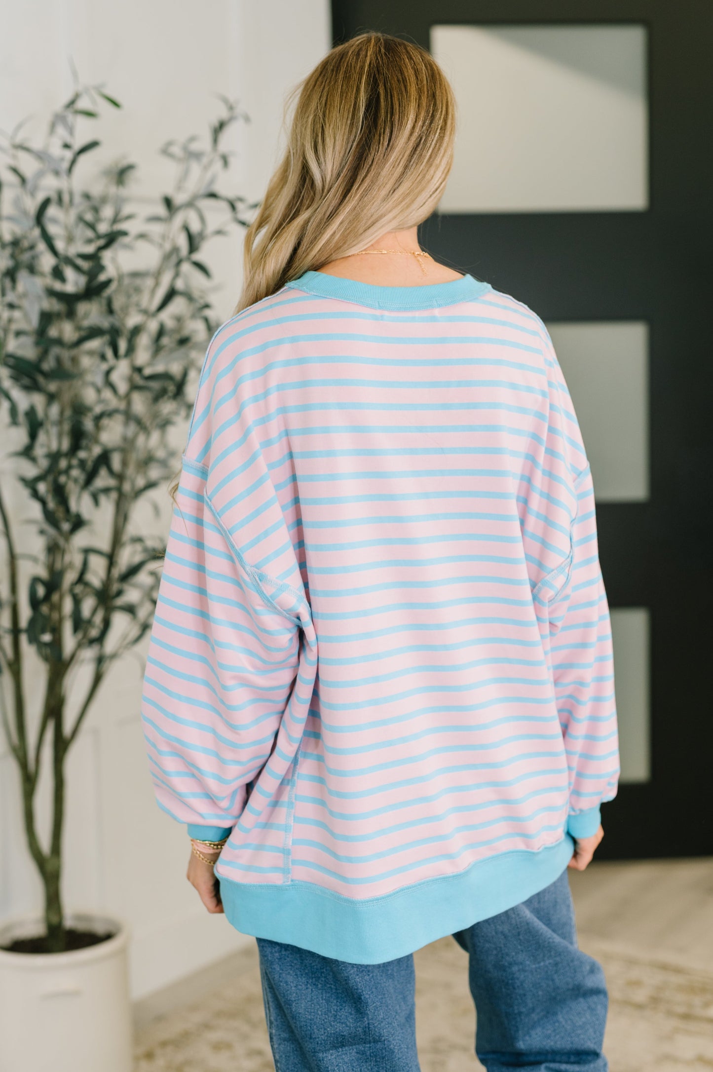 Person wearing a pink and blue striped sweater in a room with a plant and framed picture.