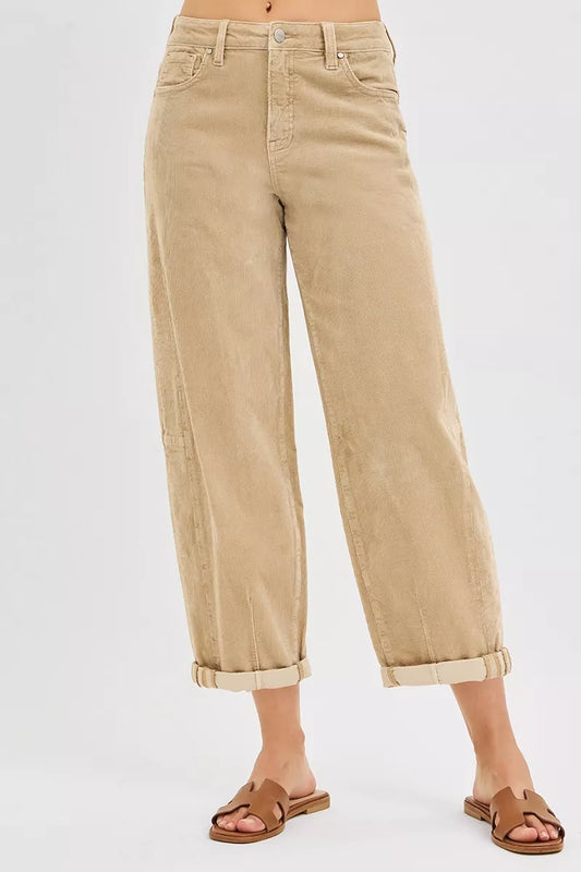 Tan Corduroy High Rise Barrel Jeans by Risen